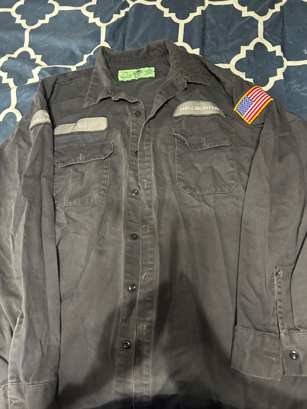 Men’s FR Dark Gray Button-Front Work Shirt Jacket with USA Flag Patch XL-REG